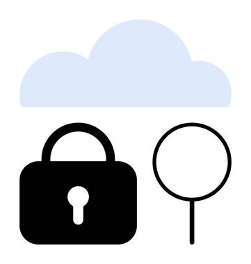 Kilit ve büyüteç üzerindeki bulut sembolü veri koruma ve araştırmayı işaret ediyor. Siber güvenlik, çevrimiçi güvenlik, gizlilik, veri depolama, şifreleme, teknoloji ve uyum için ideal. Düz