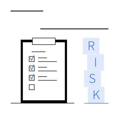 Yığılmış harflerin yanında işaretlenmiş ögelerle birlikte RISK oluşturan pano kontrol listesi. Proje planlaması, görev yönetimi, risk değerlendirmesi, karar verme, iş stratejisi, değerlendirme süreçleri için ideal
