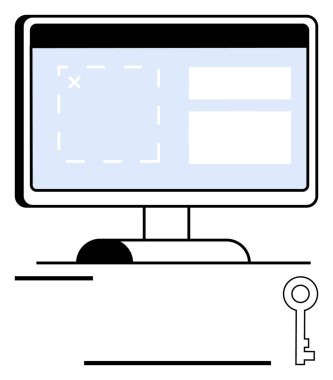Masaüstü monitörü altında yüzen anahtar sembolü olan giriş formunu gösterir. Çevrimiçi güvenlik, veri erişimi, şifre koruması, kimlik doğrulama, teknoloji, şifreleme, düz basit metafor için ideal
