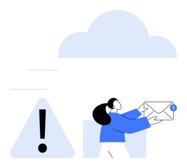 Tebligat rozeti, uyarı sembolü ve acil, mesajlaşma, iletişim, görev yönetimi, tetikte olma, bulut hesaplama takım çalışması içeren bir e-posta taşıyan kişi. Basit bir metafor.