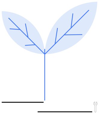 Yukarı doğru açılı simetrik mavi yapraklı soyut bitki büyümeyi ve sürdürülebilirliği sembolize ediyor. Doğa, çevreci farkındalık, yenilik, büyüme, çevre tasarımı için idealdir. Düz basit