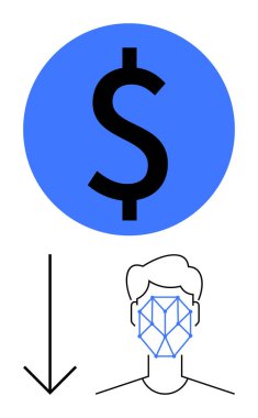 Biyometrik yüz ızgarasının üstündeki mavi çemberde dolar işareti ve aşağı doğru ok finansal işlemleri, kimlik doğrulamasını simgeliyor. Finans teknolojisi, kimlik tespiti, ödeme güvencesi için ideal