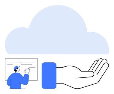 Güvenilirliği sembolize eden bir elin üzerinde gezinen bir bulut ve bir kişinin talimatları var. Bulut depolama, teknoloji, müşteri desteği, eğitim, işbirliği, yenilik için ideal