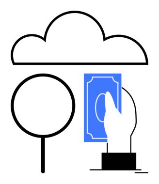 Bulutların altında para dağıtırken, büyüteç taşıma konseptleri ile çevrimiçi ödeme, mali güvenlik, veri analizi, bulut depolama, e-ticaret, teknoloji, yenilik. Finans için ideal