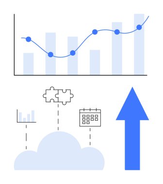 Yükselen trend çizgisi, bulut entegrasyonu verileri, bulmaca çözeltisi, takvim ve oka sahip bar tablosu. Analitik, üretkenlik, bulut hesaplama entegrasyon stratejisi veri büyümesi için idealdir. Düz