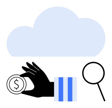 El ele tutuşan madeni para, büyüteç ve bulutlar finansı, yatırımı, teknolojiyi, araştırmayı, çevrimiçi hizmeti, analitik tasarrufu gözünde canlandırır. Bulut hesaplama veri analizi finansmanı için ideal