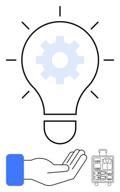 Yaratıcılığı ve süreçleri temsil eden, içinde ekipman olan parlak ampulü açık elle tutmak. Aşağıdaki bavul seyahat ve keşif içeriyor. Yenilik, teknoloji, turizm, iş dünyası, takım çalışması için ideal