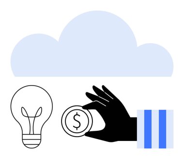 Kara el, üzerinde dolar işareti olan bozuk parayı, yukarıdaki ampul ve bulutun yanında tutuyor. Fintech, yenilik, bulut hesaplama, fikirler, yatırım, teknoloji yaratıcılığı için ideal. Düz basit metafor