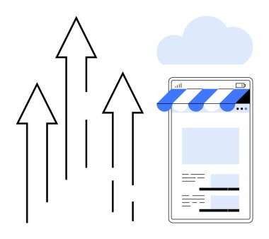 Oklar, tente ve bulutla çevrimiçi bir mağazanın önünden yukarı bakıyor. Ticari büyüme, ecommerce, yenilik, pazarlama, başarı, dijital teknoloji için ideal, düz basit metafor