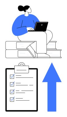Dizüstü bilgisayarla istiflenmiş kitapların üzerinde oturan bir kadın işaretli eşyaların listesi, yanında da büyük bir ok var. Eğitim, büyüme, verimlilik, organizasyon, başarı kariyer planlaması için idealdir. En düşük düz