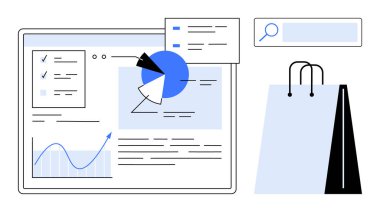 Analitik gösterge paneli, turta grafikleri, çizelgeler ve dokümanlar, arama çubuğu ve alışveriş çantasıyla eşleştirilmiş. Veri analizi, e-ticaret, pazarlama sezgileri, perakende satış, çevrimiçi alışveriş işi için ideal