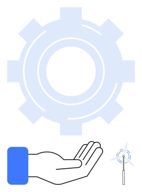 Vites otomasyonu, desteği temsil eden açık el ve sürdürülebilirlik gösteren yenilenebilir enerji ikonu. Teknoloji, yenilik, destek hizmetleri, temiz enerji, otomasyon için ideal