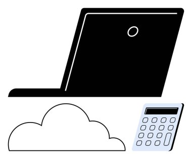 Profil dizüstü bilgisayar, dijital bulut ve hesap makinesi vurgulama teknolojisi, hesaplama araçları ve bağlantı. Finans, bulut hesaplama, uzaktan çalışma, eğitim bilişim analizi yeniliği için ideal