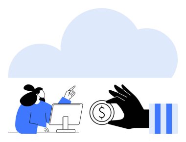 Resepsiyondaki kullanıcı bir buluta doğru işaret ediyor, depolamayı veya bilgisayarı işaret ediyor. El ele tutuşmak maliyeti veya yatırımı sembolize eder. Bulut hesaplama, dijital ekonomi, teknoloji maliyeti ve yenilik için ideal