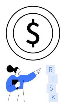 Yukarda bir çember şeklinde dolar sembolü, istiflenmiş blokları işaret eden kadın RISK. Finans, karar verme, risk yönetimi, iş stratejisi, yatırımlar, liderlik için ideal, soyut çizgi düz