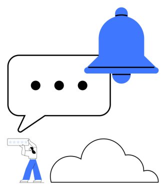 Zil, konuşma balonu, bulut ve küçük bir figürle uyarıyı sembolize ediyor. İletişim, duyuru, eşzamanlama, alarm, alarm sistemi, bulut depolama dairesi için ideal basit
