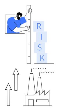 Endüstriyel fabrika illüstrasyonunun yakınındaki cetvelle yukarı doğru ok atarak risk yığını yüksekliğini ölçüyor. Risk yönetimi, iş büyümesi, yatırım, sanayi analizi, karar verme süreci için ideal