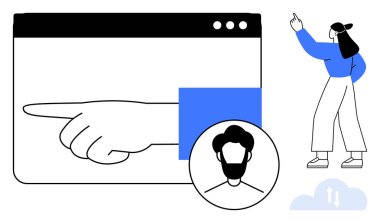 Genişletilmiş el web tarayıcı arayüzü, kadın figürü, dairesel avatar portresi. Kullanıcı arayüzü, takım çalışması, navigasyon, talimat, kimlik teknolojisi karar verme mekanizması için ideal. Düz