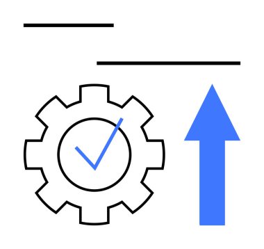 İşaretli dişli ve yukarı doğru yükselen mavi ok optimizasyonu, ilerlemeyi ve başarıyı simgeliyor. Büyüme, verimlilik, gelişme, strateji, gelişme için idealdir. Asgari düz metafor