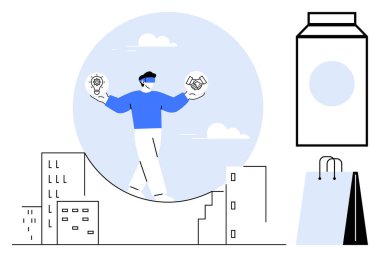 Yenilikçi fikirleri ve ortaklıkları binalar üzerinde yürüyen dengeyi simgeleyen bir iş adamı. Girişimcilik, risk yönetimi, takım çalışması, kentsel kalkınma, iş büyümesi, karar verme süreci için ideal