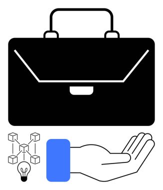 Elinde siyah bir çanta, küp ağı ve ampul var. İş, yönetim, yenilik, yaratıcılık, girişimcilik, sorumluluk ve strateji için idealdir. Düz basit metafor