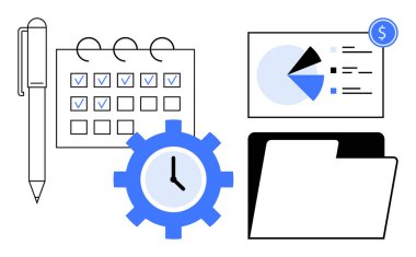 Kontrol listesi, kalem, saat, çizelge ve organizasyon, zaman yönetimi, görev izleme, işletme yönetimi finansal planlama veri analizi ve verimliliği gösteren bir klasör içeren bir takvim. İdeal
