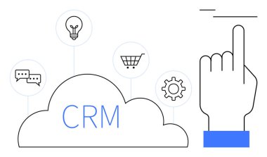 CRM etiketli bulut iletişim, fikir, alışveriş arabası ve işaret eden el hareketinin yanında ayarlar için ikonlara bağlıdır. Takım çalışması için ideal, yenilik, e-ticaret, müşteri ilişkileri, dijital