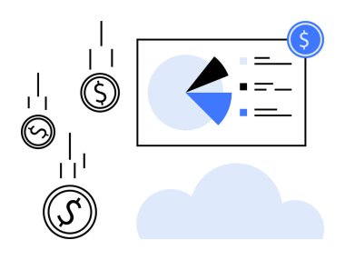 Bulut görüntüsünün üzerinde turta segmentleri ve çubuklar olan bir veri tablosu ile düşen paralar. Finans, analitik, bütçe hesaplama, bulut hesaplama, veri içgörüleri, fintech, gelir için ideal. Düz basit