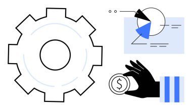Vites mekanizması, el ele tutuşmalar, analitiği vurgulayan grafikler, verimlilik, karar verme mekanizması, hedef belirleme, yenilik. İş stratejisi, finans yönetimi girişimciliği için ideal
