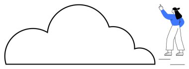 Geniş çizgili bulutu işaret eden kadın teknolojiyi, dijital depoyu ya da yeniliği sembolize ediyor. Kavramsal temalar için ideal teknoloji, bulut hesaplaması, fikirler, takım çalışması, çözümler