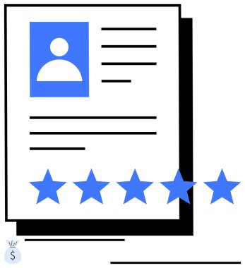 Profil fotoğrafı ve performans veya geri bildirim için beş yıldızlı bir değerlendirmenin yer aldığı profesyonel özgeçmiş. İşe alım, İK çözümleri, kariyer büyümesi, yetenek değerlendirmesi, kalite değerlendirmesi, geri bildirim için ideal