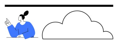 Bir çizginin altında büyük bir bulut şekline doğru hareket eden kişi, odaklanmayı vurguluyor. Bulut hesaplama, yenilik, beyin fırtınası, iletişim, internet, fikir işlemleri için idealdir. Düz basit metafor