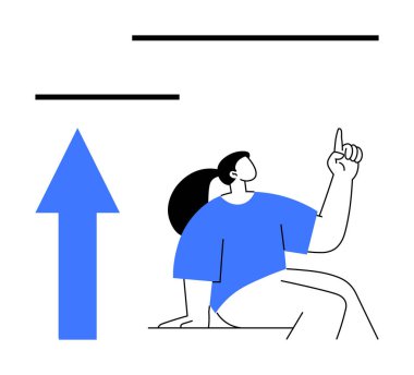 Yerde oturan kadın, cesur bir okun yanında çözüm önermek için elini kaldırıyor. Beyin fırtınası, gelişim, büyüme, problem çözme, öneri, beyin fırtınası için ideal