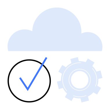 Bulut, mavi kontrol işareti ve bulut temelli çözümleri yansıtan ekipman, veri doğrulama ve işlem otomasyonu. Teknoloji için ideal, üretkenlik, yenilik, siber güvenlik