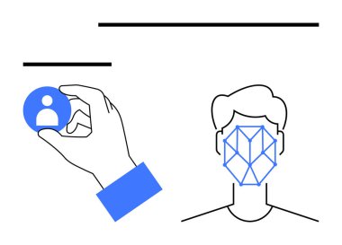 Eller, yüz tanıma sistemiyle taranmış kafanın yanında dairesel kullanıcı profili simgesi tutuyor. Teknoloji, yapay zeka, kimlik doğrulama, güvenlik, biyometri, kullanıcı erişimi, yenilik için ideal. Düz basit