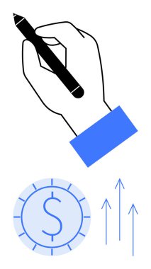 Bir kalemi tutmak yaratıcılığı sembolize eder. Altında madeni para ve yukarı doğru oklarla mali büyüme, yenilik ve başarıyı simgeler. Finans, iş, yaratıcılık, yatırım, planlama için ideal