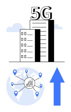5G metni olan yüksek binalar, lokasyon iğneli küresel haritalar ve ilerlemeyi simgeleyen mavi bir ok. Teknoloji, bağlantı, yenilik, mobil iletişim, küresel erişim için ideal