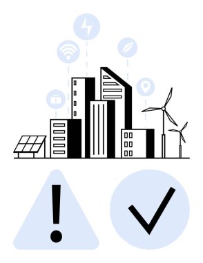 Güneş panelleri, rüzgar türbinleri, bağlantı simgeleri, alarm üçgeni ve işaretlerle çevrili kentsel gökdelenler. Sürdürülebilirlik için ideal, yenilenebilir enerji, akıllı şehir, teknolojik yenilik kentsel