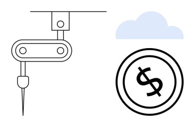 Robotik kol hassas görevler üzerinde çalışıyor, dolar işaretinin üstündeki bulut. Otomasyon, endüstri, teknoloji, finans, üretkenlik, yenilik yatırımları için idealdir. Düz basit metafor