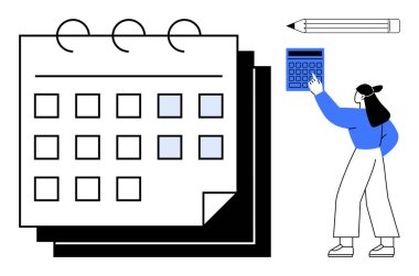 Vurgulanmış tarihler, kalem ve hesap makinesi kullanan bir kadın takvimi. Zaman yönetimi, verimlilik, proje planlaması, organizasyon, son teslim tarihleri iş akışı için ideal. Düz basit metafor