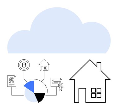 Bitcoin 'e, kontrata ve dijital gayrimenkul, kripto para birimi ve veri depolamasını gösteren grafiklere bağlı ev ve bulut. Finans, engelleme zinciri, yatırım, teknoloji emlak satışları için ideal