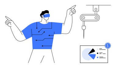 Gelişmiş arayüz panelleri olan robotik makineleri kontrol eden VR kulaklık takan bir birey, yanında da finansal bir pasta grafiği. Teknoloji, otomasyon, sanal gerçeklik, gelecekteki iş gücü için ideal.