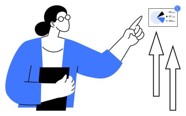 Yükselen oklarla finansal grafiğe yönelik profesyonel jestler. İş, finans stratejisi, analitik, veri sunumu, takım çalışması, büyüme ve liderlik için ideal. Düz basit metafor