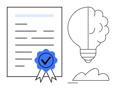 Mavi çek rozetli sertifika, yeniliği temsil eden ampul ve küçük bir bulut. Eğitim, yaratıcılık, başarı, iş, yenilik öğrenme doğrulaması için idealdir. Minimalist daire