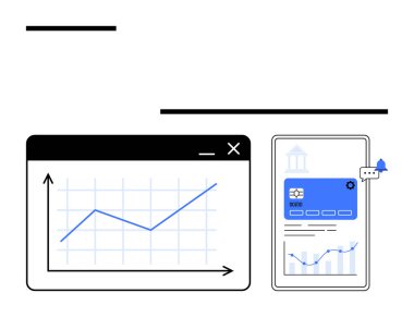 Analitik gösterge paneli, yukarı doğru trend grafiği ile bankacılık arayüzünü gösteren bir akıllı telefonun yanında. Finans, analitik, teknoloji, fintech, büyüme, mobil uygulamalar, kullanıcı arayüzü için ideal. Düz basit