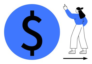 Büyük mavi daire. Yanında dolar işareti olan bir kadın. Finansal büyüme, vizyon ve stratejiyi işaret ediyor. Finans, yatırım, tasarruf, bütçe ve planlama rehberliği için ideal