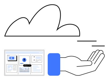 Dijital gösterge panelinin altındaki bulut ve el veri paylaşımını, depolama erişimini, çevrimiçi platformları sembolize eder. Teknoloji, bulut hesaplama, veri yönetimi, destek, yenilik, bağlantı için ideal