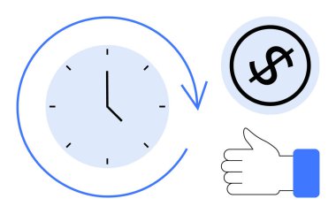 Dairesel oklu saat, dolar işareti ve onay zamanı, parayı ve olumlu sonuçları simgeliyor. Finans, üretkenlik, yönetim, başarı tasarrufu karar verme dairesi için ideal