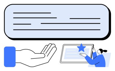 Avuç içi hareketleri desteği simgeler. Kullanıcı tabletteki bir yıldızı gösterir. İletişim için mesaj kutusu. Geri bildirim, destek, kullanıcı deneyimi, hizmet derecesi, katılım, iletişim için ideal