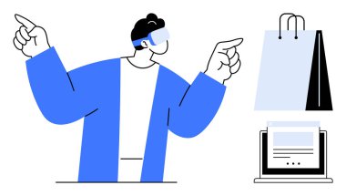 VR kulaklık takan kişi sanal nesnelerle etkileşime giriyor, alışveriş torbaları ve dizüstü bilgisayar da dahil. Teknoloji, e-ticaret, yenilik, perakende, sanal gerçeklik, dijital dönüşüm için ideal, çevrimiçi